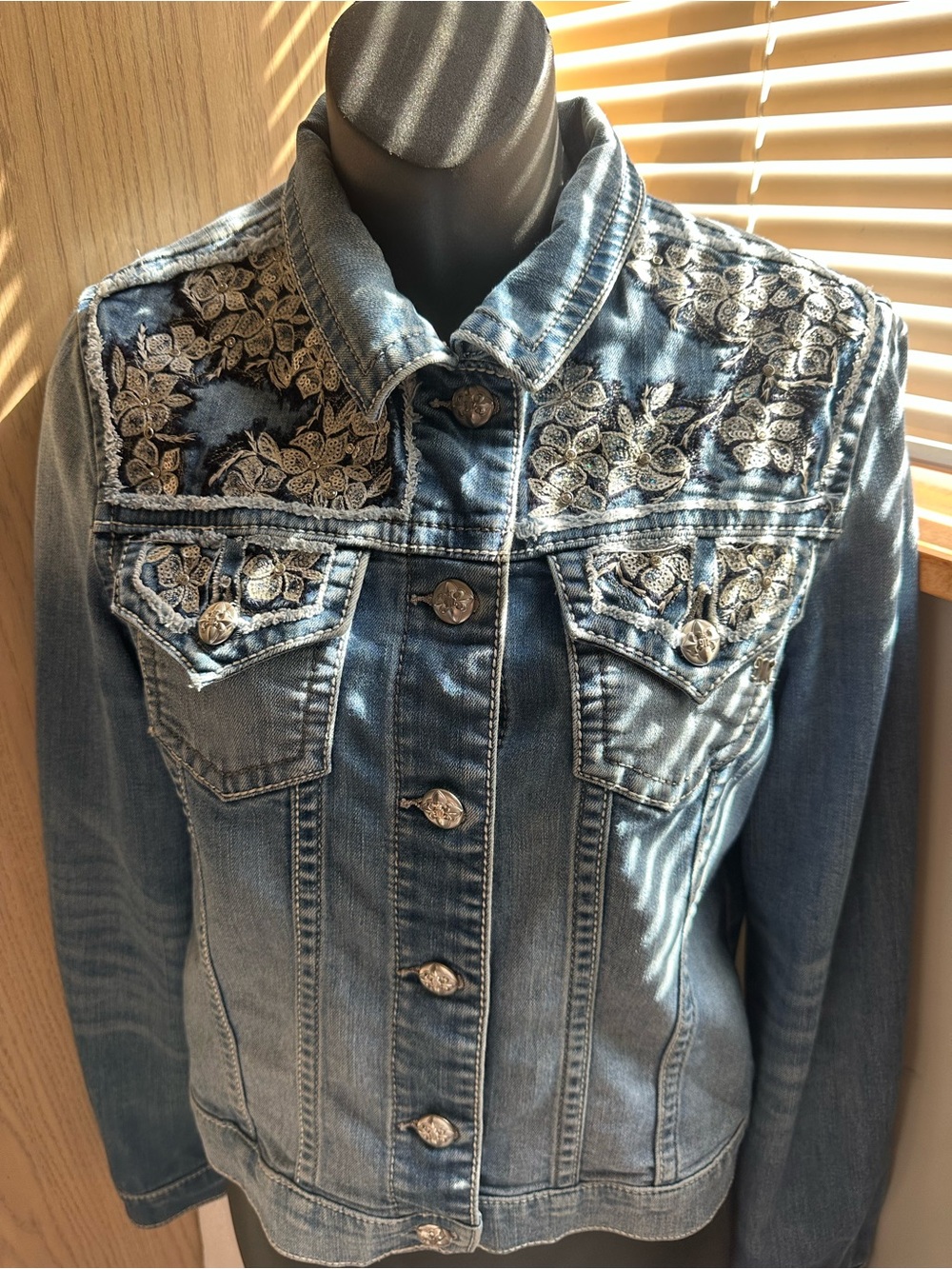 Miss Me Blue Denim Jacket with Cream Floral Lace Appliqué